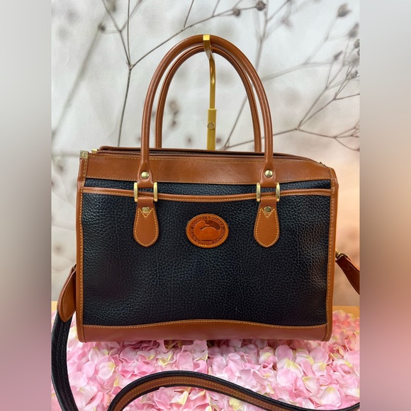 Dooney & Bourke Black Peppled Tan Leather Satchel Hand Bag - Picture 2 of 13